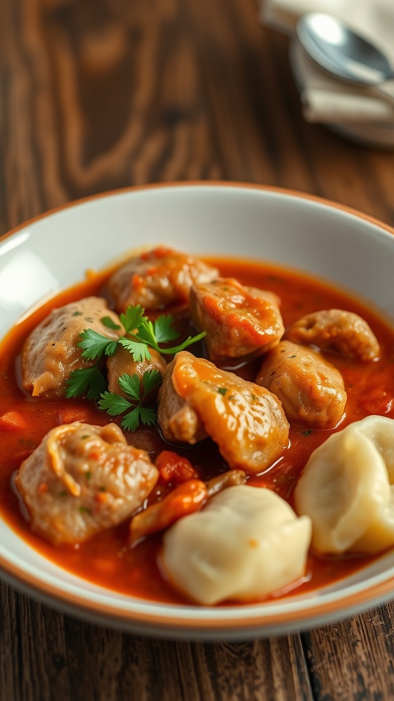 A hearty bowl of Pork Paprikash with dumplings, garnished with parsley on a rustic wooden table.
